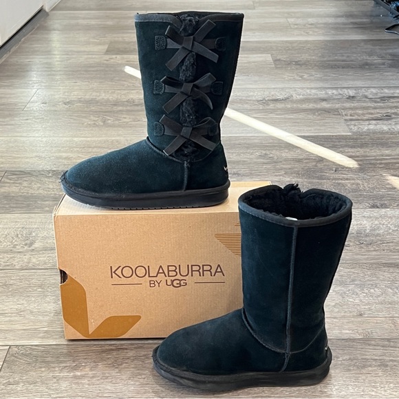 Koolaburra UGG Victoria Tall Boots Black 3 Bow Suede Kids Size 3 - Picture 6 of 10